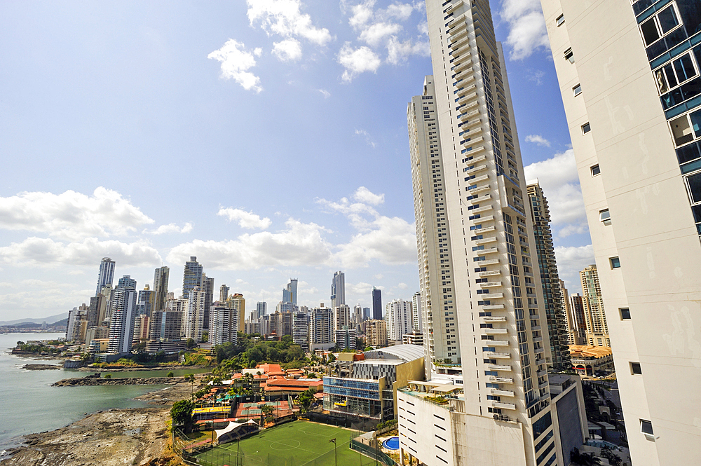 View over the Paitilla area from the Trump Ocean Club International Hotel and Tower Panama, Punta Pacifica area, Panama City, Republic of Panama, Central America