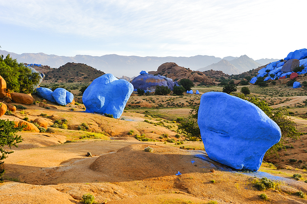 Painting Rocks site, work of the Belgian artist Jean Verame. Near Tafraout,Anti-Atlas,Morocco,North Africa