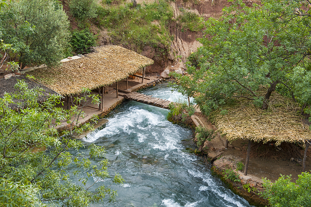 Cafe-restaurants by the river Oum-er-Rbia source, Khenifra region, Middle Atlas, Morocco, North Africa