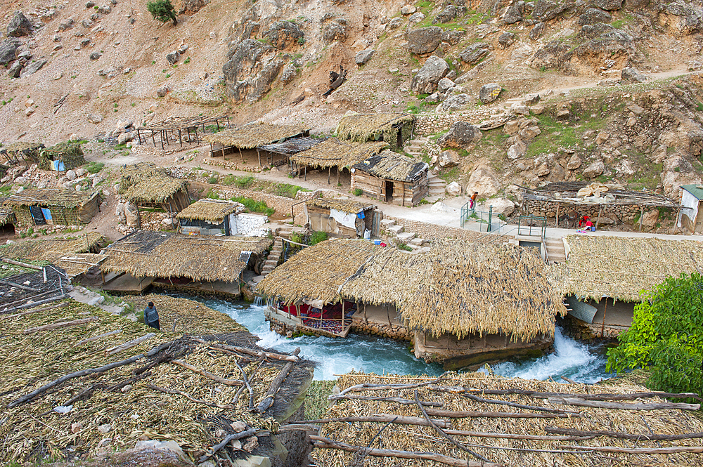 Cafe-restaurants by the river at Oum-er-Rbia source, Khenifra region, Middle Atlas, Morocco, North Africa