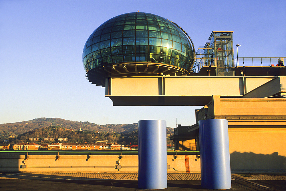 Renovation by the architect Renzo Piano of the test track on roof of the Lingotto building that was an automobile factory built by Fiat, Turin, Piedmont region, Italy, Europe