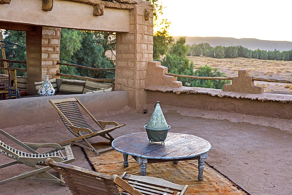 Terrace of Casa Juan, guesthouse at Ait Isfoul, Nesrate village of the edge of Sahara desert, Draa River valley, Province of Zagora, Region Draa-Tafilalet, Morocco, North West Africa