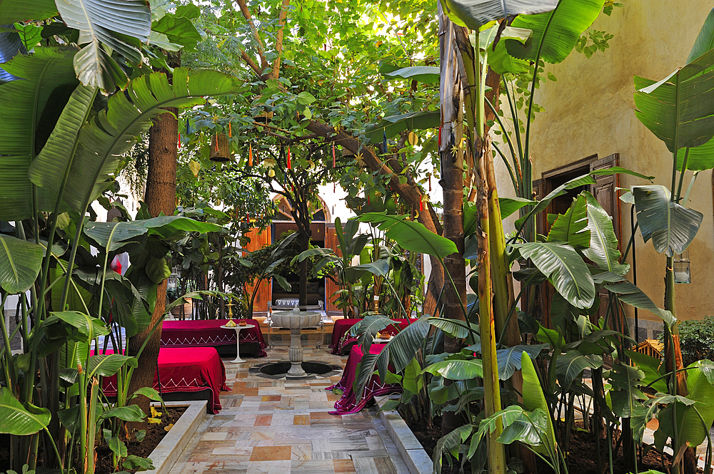 One of the two inner courtyards of El-Fenn hotel, medina of Marrakesh, Morocco, North Africa