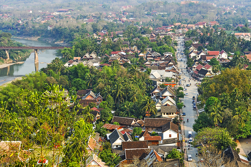 Overview of Luang Prabang ( to Southeast) from Phu Si hill with the Nam Khan River and the Old Bridge in the background, northern Laos, Southeast Asia