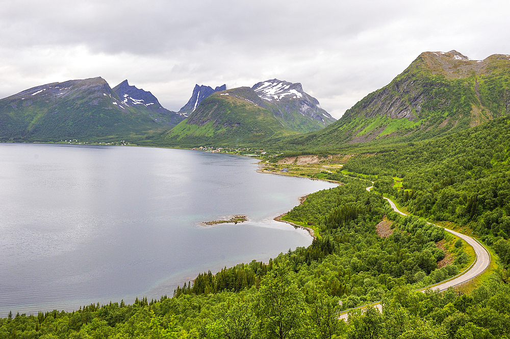 Panorama over the fjord Bergsfjorden on National Tourist Route on the west coast of Senja Island, Selected as one of the most spectacular landscapes in Norway, County of Troms, Norway, Northern Europe