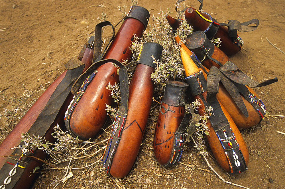 Different size of calabash canteens used by Maasai people, Kenya, East Africa