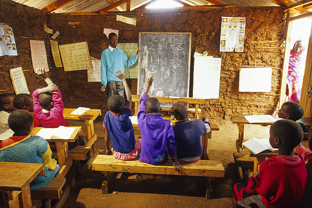 Schoolboys in classroom of a school in the bush around Namanga, Kenya, East Africa