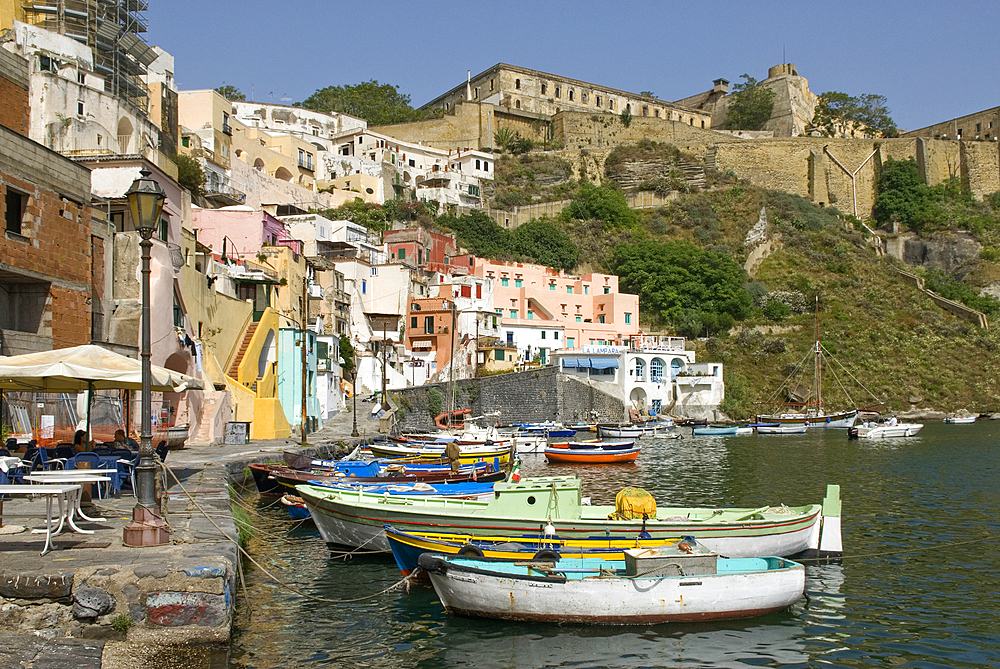 Harbour of Corricella, Procida Island, Campania region, Italy, Europe