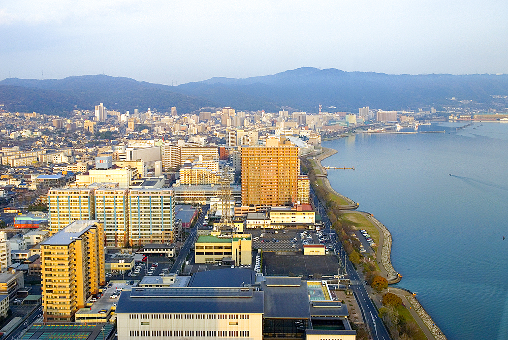 Aerial view of the edge of the lake of Biwa, near Kyoto, Japan