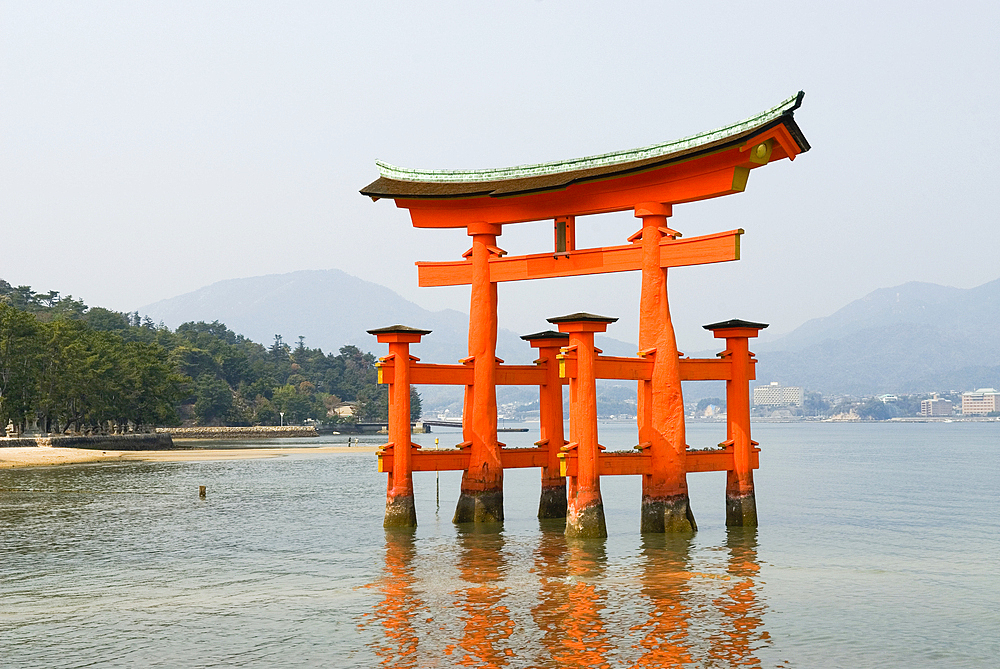 The iconic torii at the Itsukushima Shrine, on Miyajima island, hiroshima Prefecture, Japan