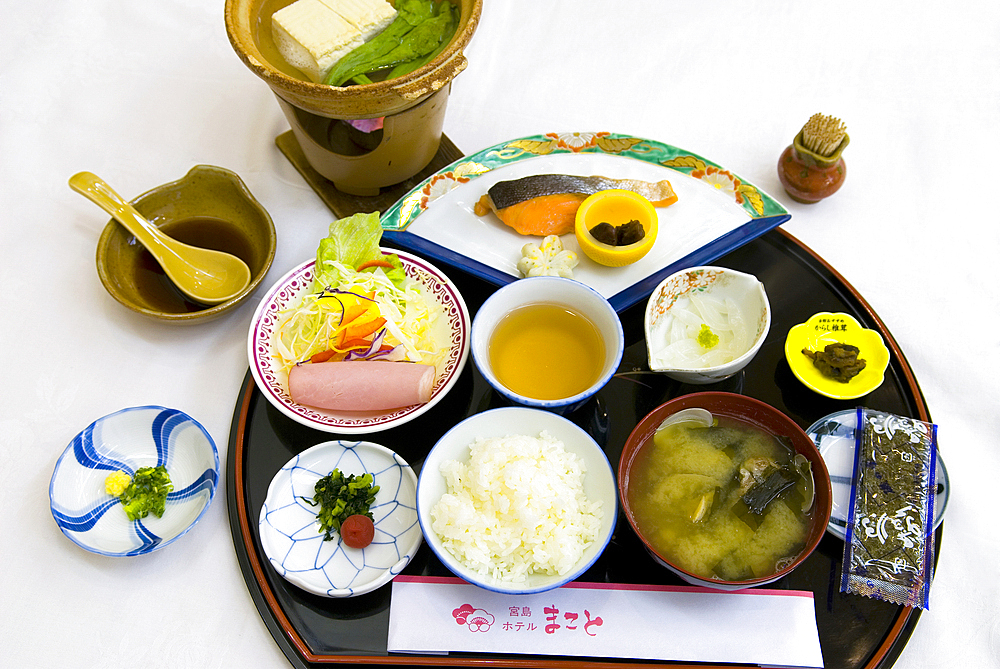 Meal served in the Makoto ryokan, Miyajima island, off Hiroshima, Japan