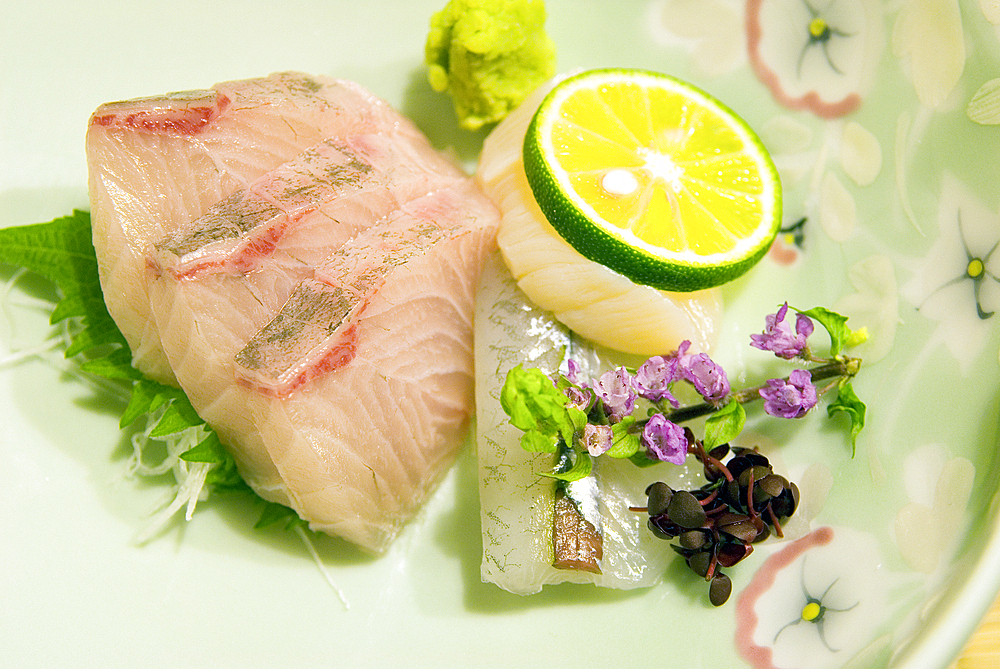 Raw fish dish with lemon, Mikawaya Ryokan, Hakone, Japan.
