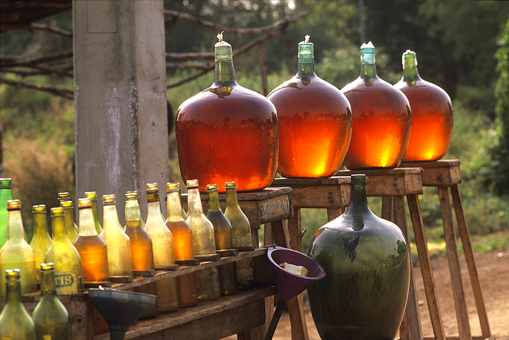 Sale on the black market of smuggled petrol in glass container on the edge of a road, Benin, Africa