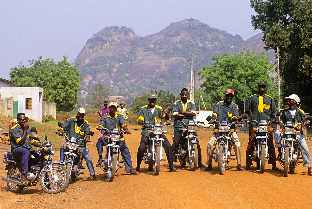 Zémidjan or Zem ( Motorcycle taxi) at Save, city lying on the Cotonou-Parakou railway, Collines department, Benin, Africa