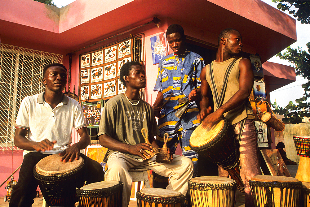 Players and seller of Djembe drums, Cotonou, Benin, Africa
