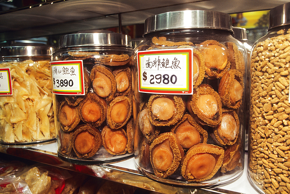 In Chinese speaking regions, abalones are considered a luxury item, and is traditionally reserved for special occasion,dry-food shop in Chinatown,Hong-Kong Island,People's Republic of China,Asia