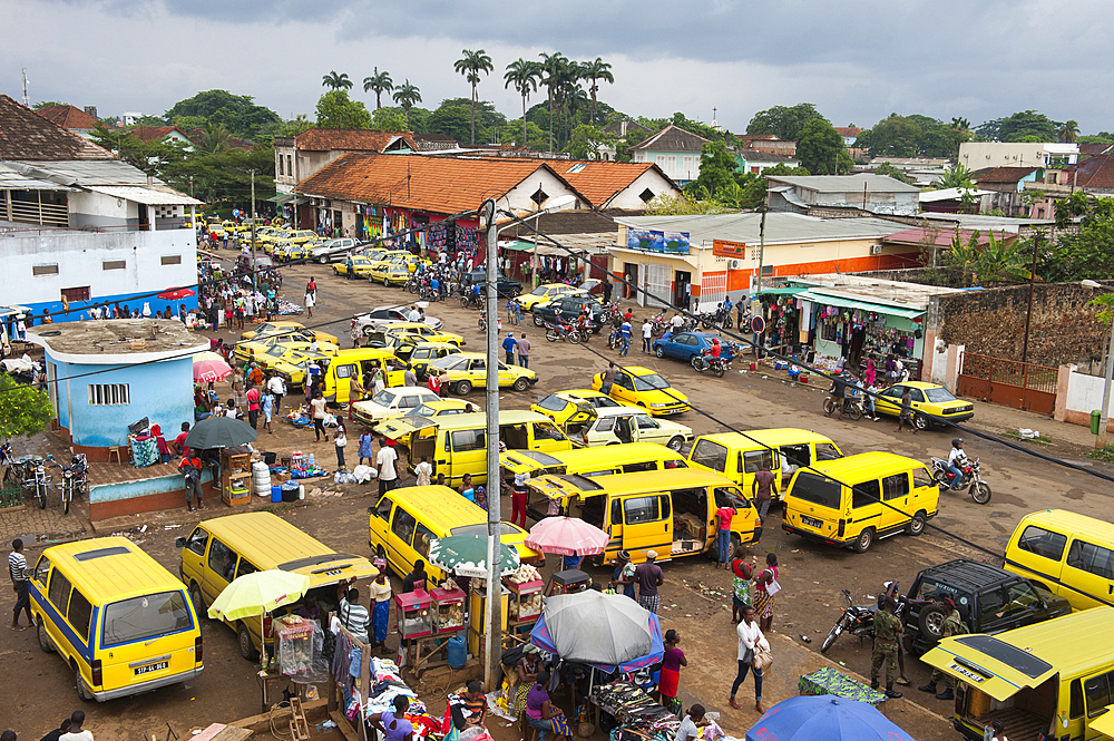 Taxi rank beside the big hall market of the city of Sao Tome,Sao Tome Island, Republic of Sao Tome and Principe,Africa