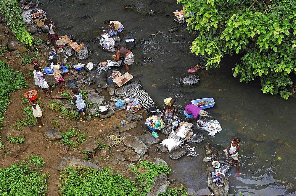 Collective washing in a river at Sao Tome Island, Republic of Sao Tome and Principe,Africa