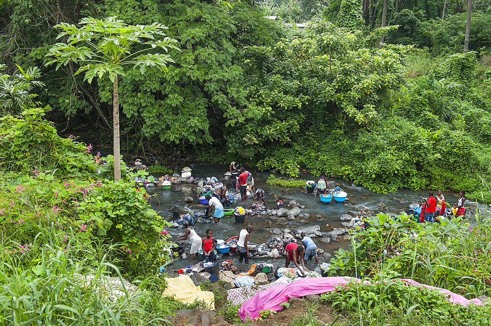 Collective washing in a river at Sao Tome Island, Republic of Sao Tome and Principe,Africa
