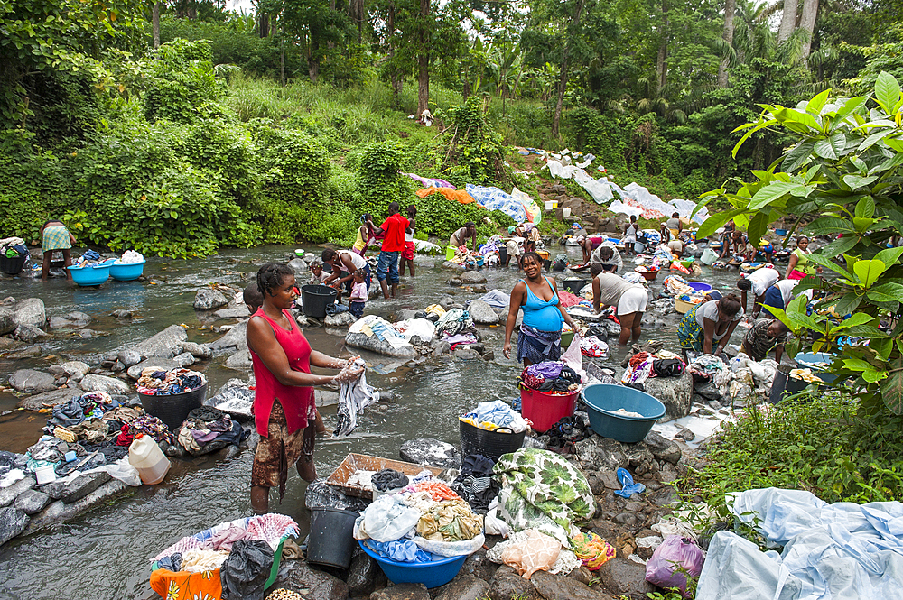 Collective washing in a river at Sao Tome Island, Republic of Sao Tome and Principe,Africa