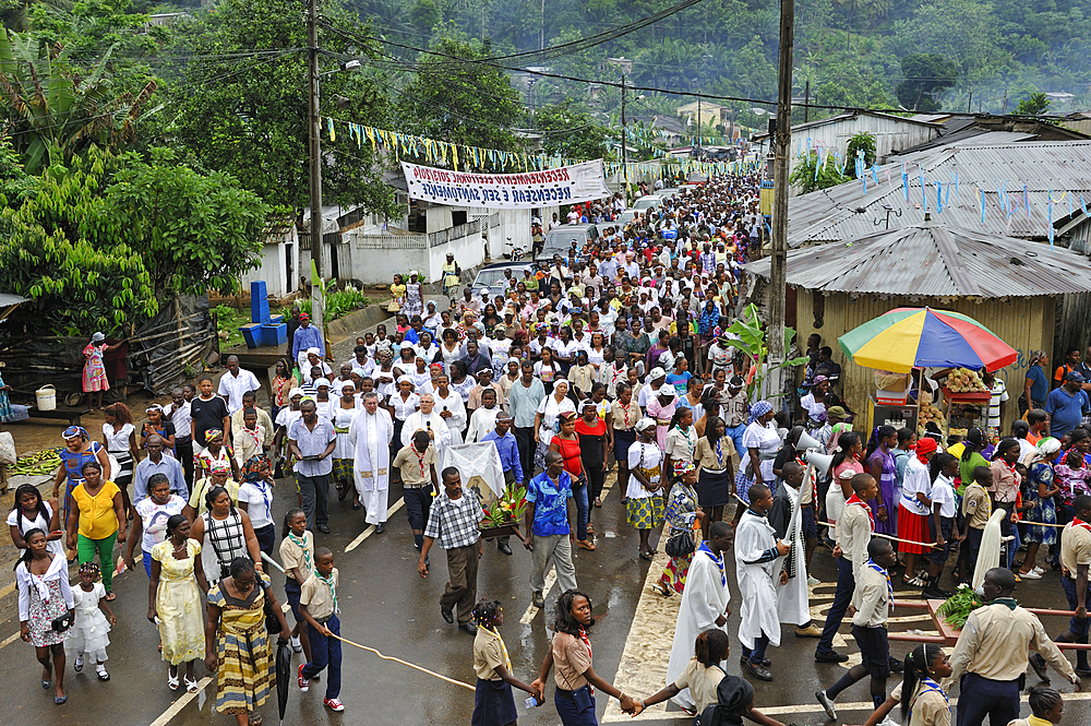 Religious procession during the parish fair dedicated to Sao Izidoro in the village of Ribeira Afonso on the East coast of Sao Tome Island, Republic of Sao Tome and Principe,Africa