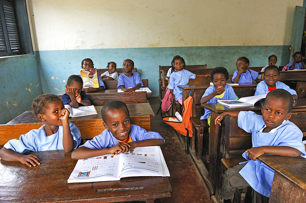 Class of the primary school in the village of Praia das Conchas, in the northern part of Sao Tome Island, Republic of Sao Tome and Principe,Africa