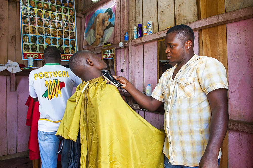 Hairdressing salon for men at Guadalupe, village in the north part of Sao Tome Island, Republic of Sao Tome and Principe,Africa