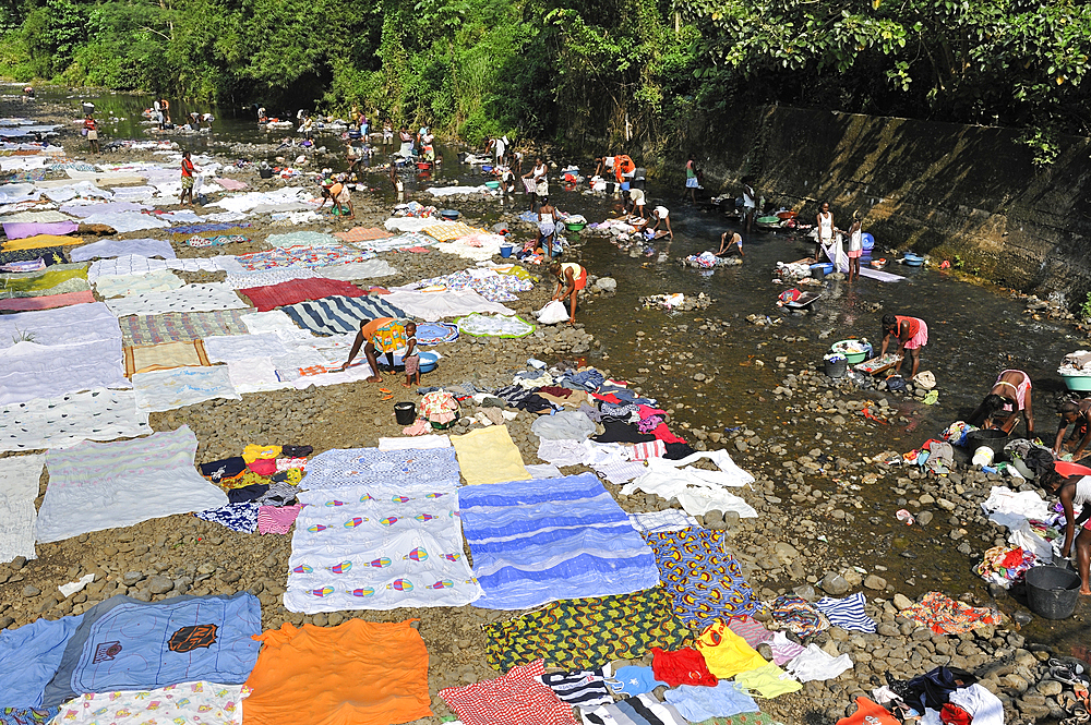 Collective washing in a river at Sao Tome Island, Republic of Sao Tome and Principe,Africa