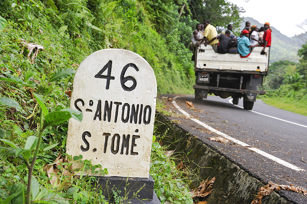 Kilometre-marker on the road toward the south,Sao Tome Island, Republic of Sao Tome and Principe,Africa