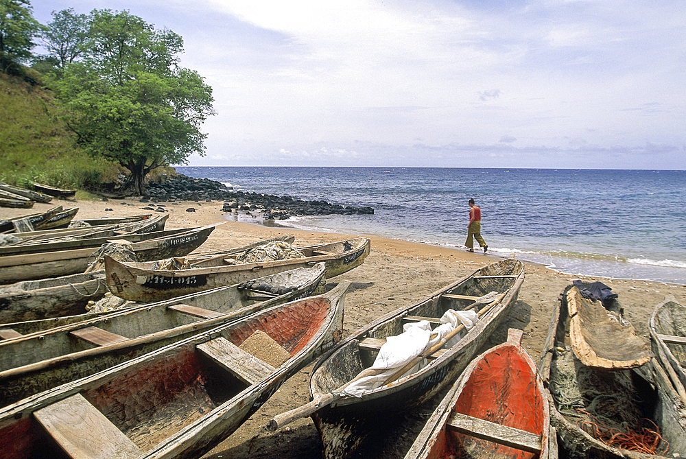 Pirogues on the beach of Morro Peixe, fishermen village on the north coast of Sao Tome Island, Republic of Sao Tome and Principe,Africa