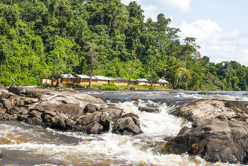 Amerindian camp on the top of Para falls on Caura river,state of Bolivar,Bolivarian Republic of Venezuela,South America