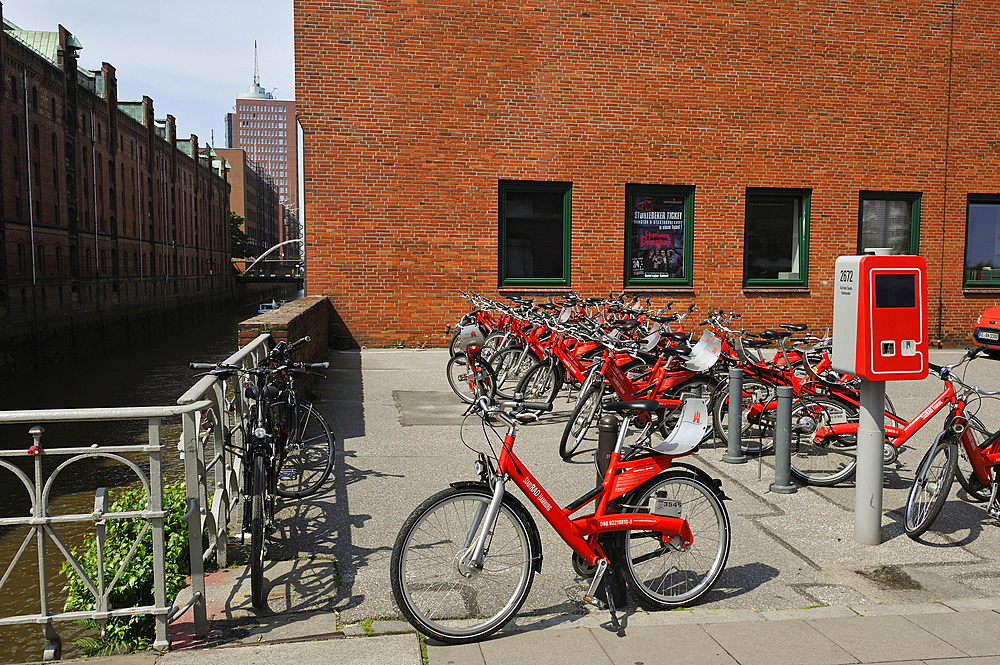 Bike hire station (StadtRAD) in the Speicherstadt (City of Warehouses), HafenCity district, Hamburg, Germany, Europe