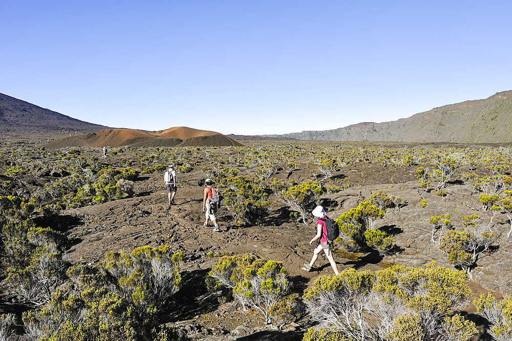 Hikers inside the caldera Enclos Fouque, Piton de la Fournaise, Reunion