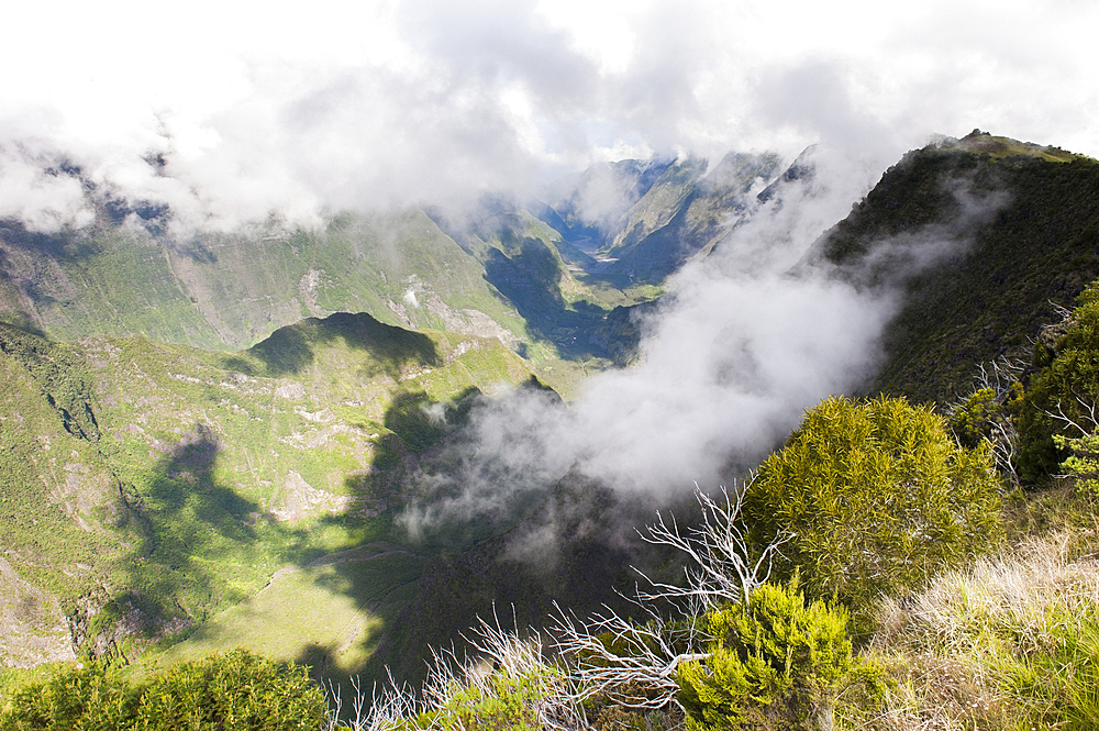 Rempart river gorges viewed from the belvedere Nez-de-Boeuf on the road to Piton de la Fournaise, Reunion