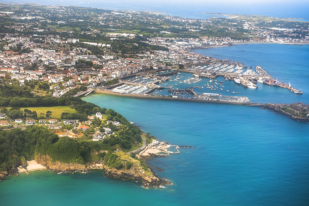 Aerial view of St Peter Port, Guernsey Island, Bailiwick of Guernsey, United Kingdom