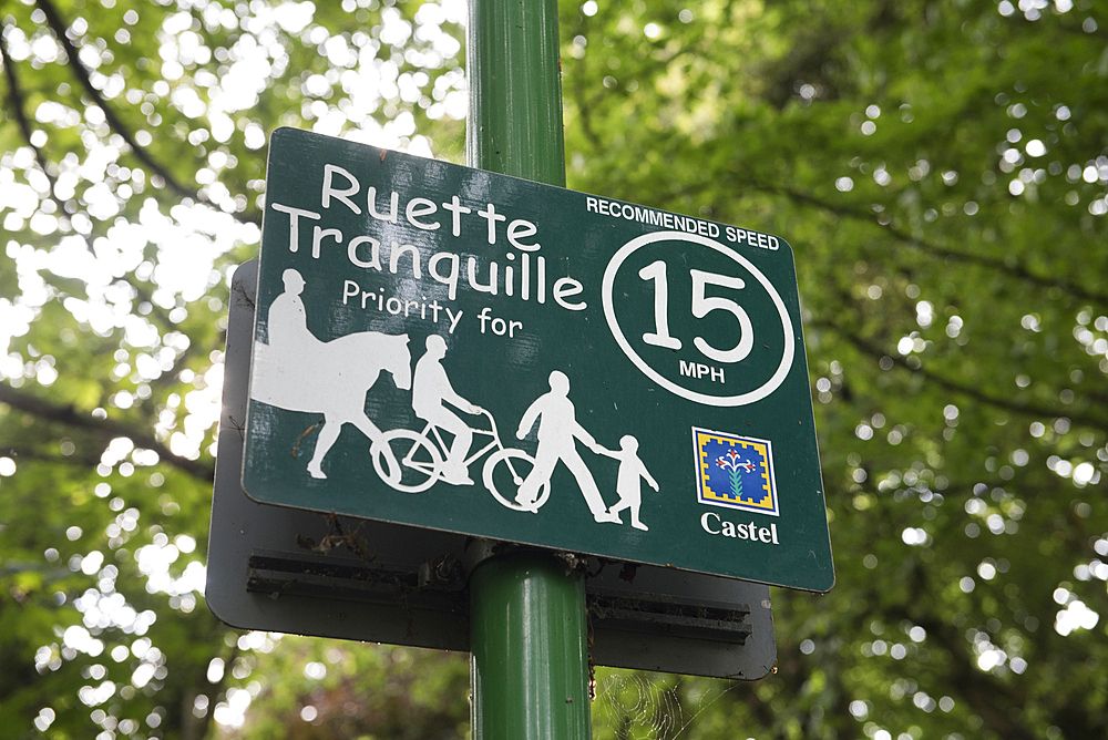 Small road called Ruette Tranquille, Speed limit of 15 m/h, Ruette de la Generotte, Guernsey Island, Bailiwick of Guernsey, United Kingdom