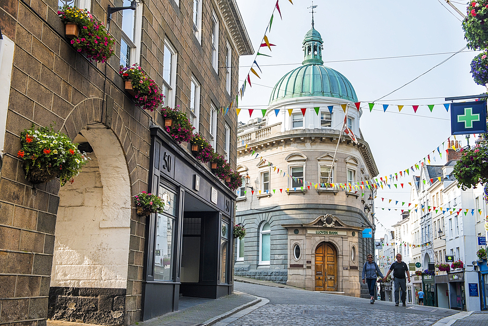 Remarkable building, with a copper dome, at the intersection of High Street and Smith Street, St Peter Port, Guernsey Island, Bailiwick of Guernsey, United Kingdom