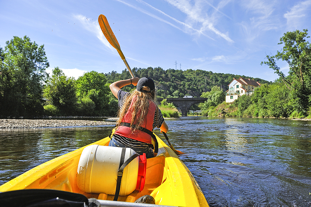 Canoeing on the Sioule River near Menat, Puy-de-Dome department, Auvergne-Rhone-Alpes region, France, Europe