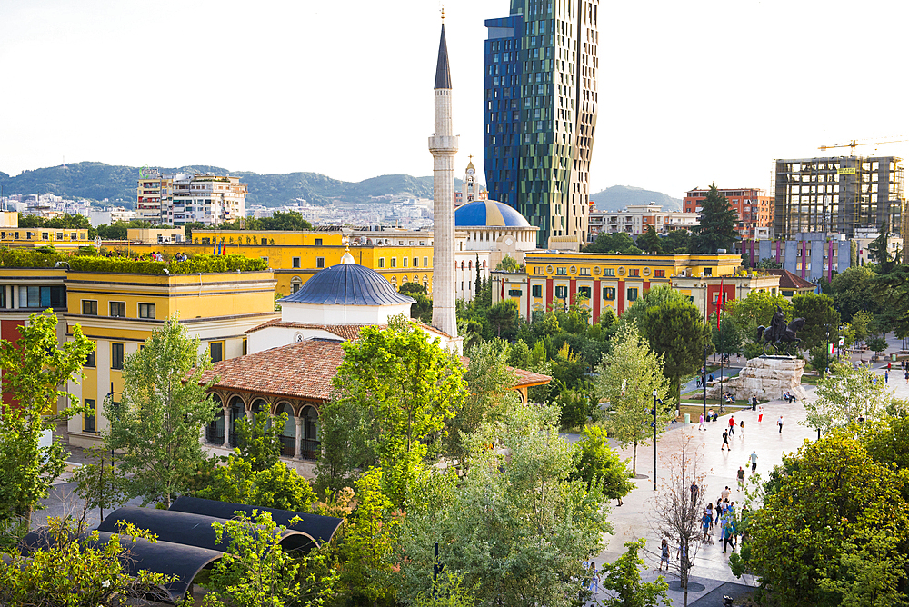 Aerial view of Skanderbeg Square (Sheshi Skenderbej), Tirana Centre, Albania, Europe