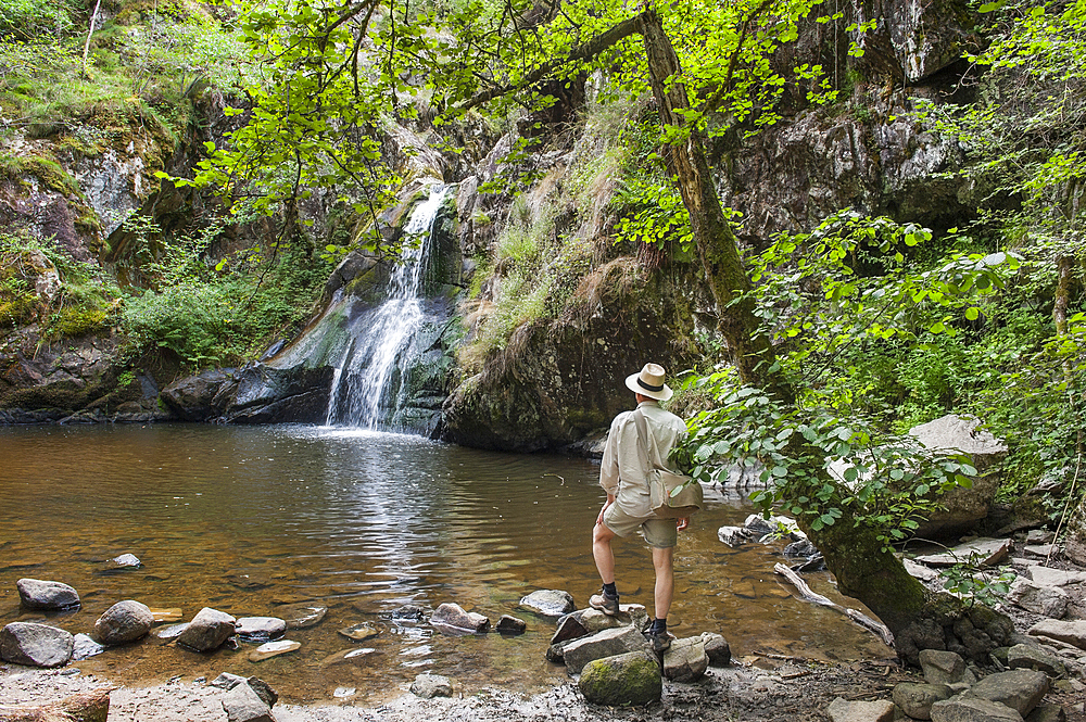 Man admiring the waterfall of Gour Saillant fed by the Auzelle, a sub-tributary of the Sioule River, Saint-Priest-des-Champs, Puy-de-Dome department, Auvergne-Rhone-Alpes region, France, Europe
