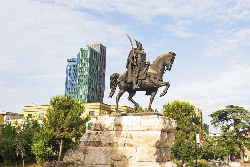 Equestrian statue of Georges Kastrioti (1405-1468) known as Skanderbeg, one of the great figures of the Albanian resistance against the Ottomans, Skanderbeg Square (Sheshi Skeenderbej), Tirana Centre, Albania, Europe