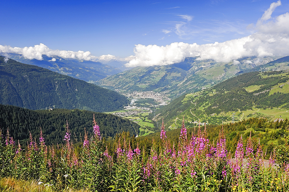 View of the Isere River Valley and the urban area of Bourg-Saint-Maurice in Tarentaise region, Savoie department, Rhone-Alpes region, France, Europe