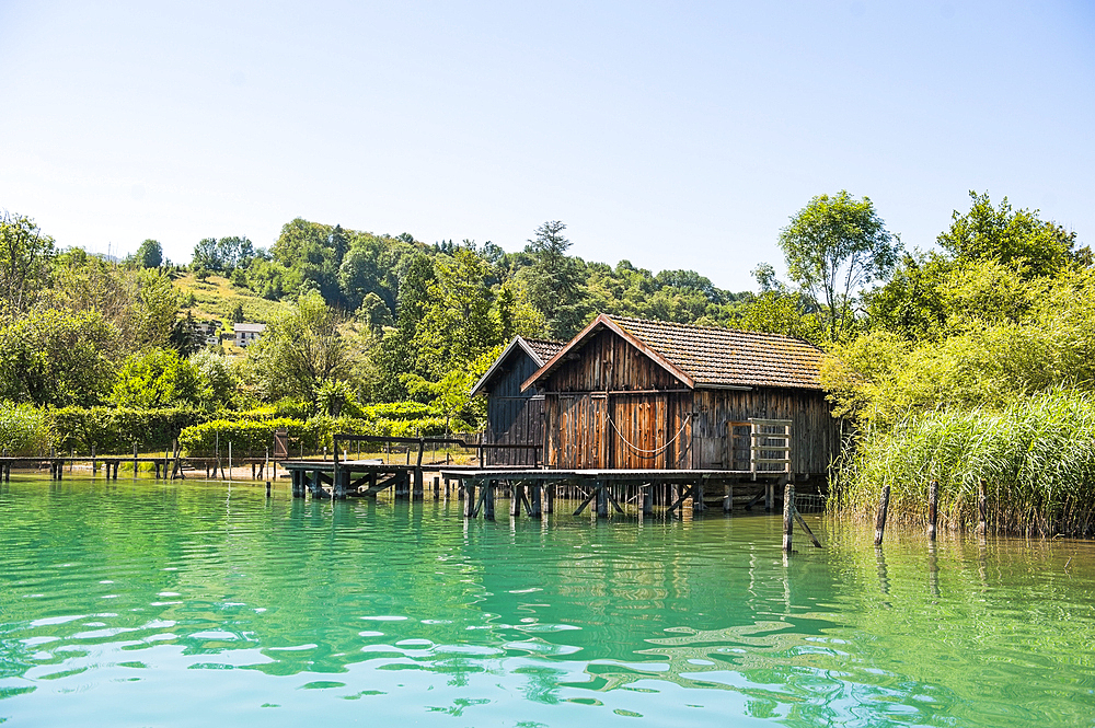 Boat sheds, made of wood, by the natural Lake of Aiguebelette, department of Savoie, Rhone-Alpes region, France, Europe