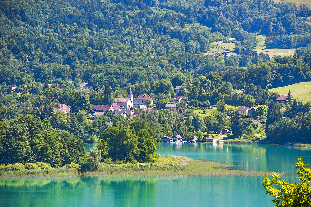 Natural Lake of Aiguebelette, department of Savoie, Rhone-Alpes region, France, Europe