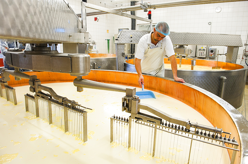 Copper vats for mixing and heating of curd, Emmental de Savoie cheese making, Chabert cheese factory at Vallieres, Haute-Savoie department, Rhone-Alpes region, France, Europe