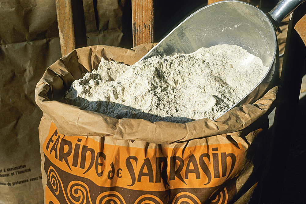 Sack of buckweat flour from the Charbonniere Mill, Saint Gregoire, Ille-et-Vilaine department,Brittany region,France,northwest Europe
