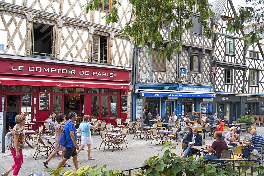 Sidewalk cafe in Jean Girard Street, Gordaine Square, Bourges, Cher department, Province of Berry, Centre-Val de Loire region, France