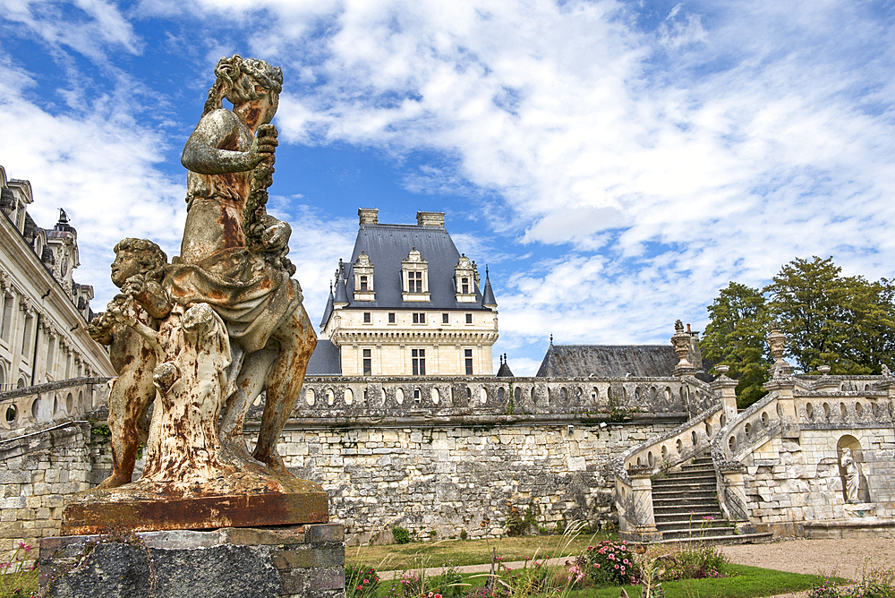Statue and staircase of the Garden of the Duchess, Chateau of Valencay, Valencay, Department of Indre, Historic Province of Berry, Centre-Val de Loire region,France