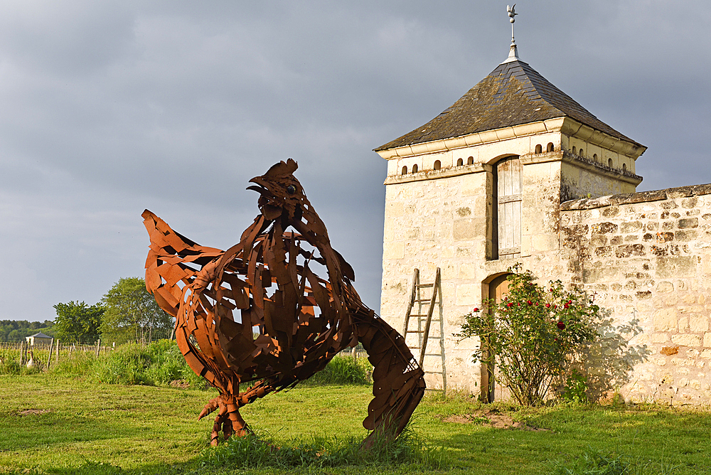 Works by the artist Fred Chabot depicting a 'Geline Geante' (race of Chicken) in the garden of the Manor of La Galotiere, Chez Vincent 'Cuisinier de Campagne' at Ingrandes-de-Touraine, department of Indre-et-Loire, Centre-Val de Loire region, France,