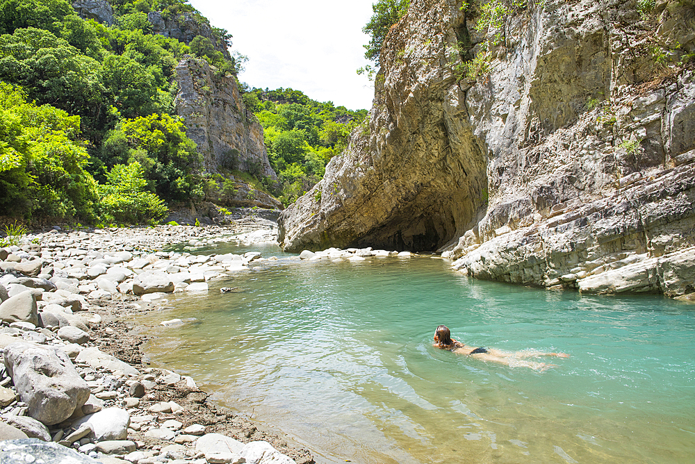 Bathing in the Vjosa (Vjose) River, Langarice Canyon, Albania, Europe